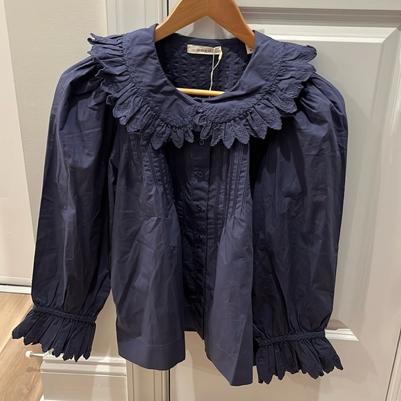 NWT Doen Blue Ruffle Collar Hickory Long Sleeve Blouse Top Atlantic Blue - Picture 2 of 9